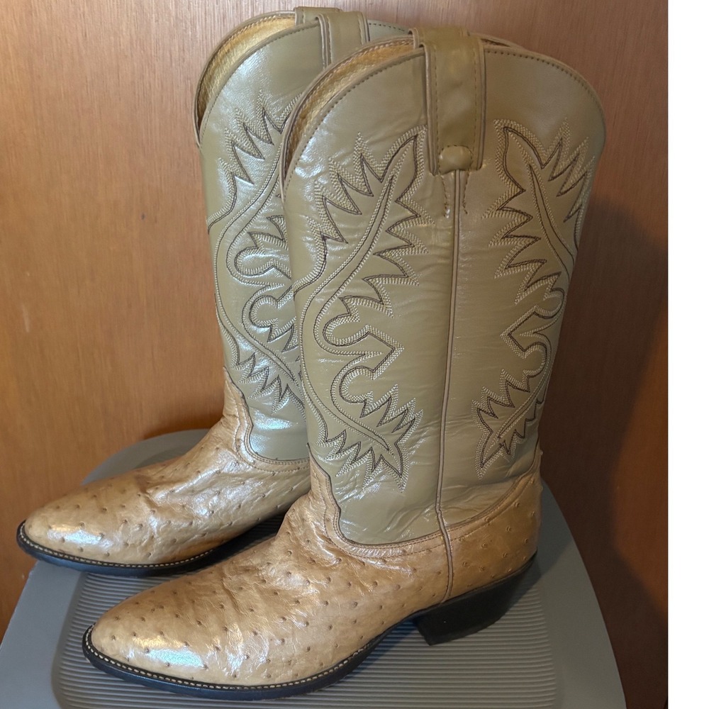 Nocona Boots NM1003 Mens Full Quill Ostrich Tan Olive Green Western Boots 9.5D